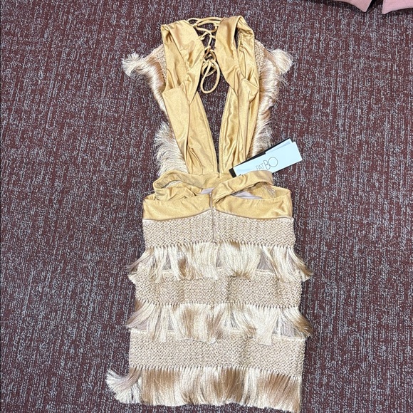 NWT PatBo Fringe plunging mini dress in Almond Womens 4 - Picture 2 of 12